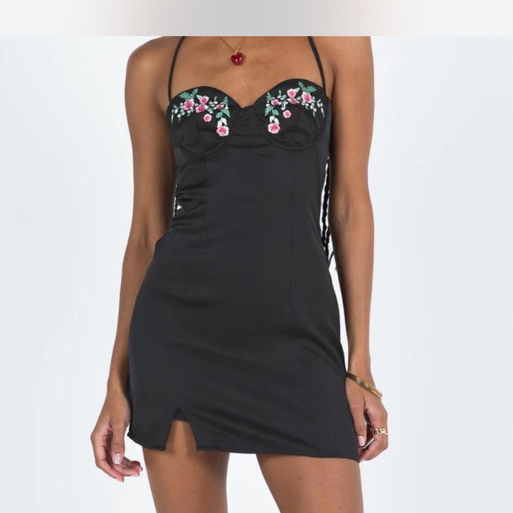 Princess Polly Black Mini Dress with Floral Embroidery
